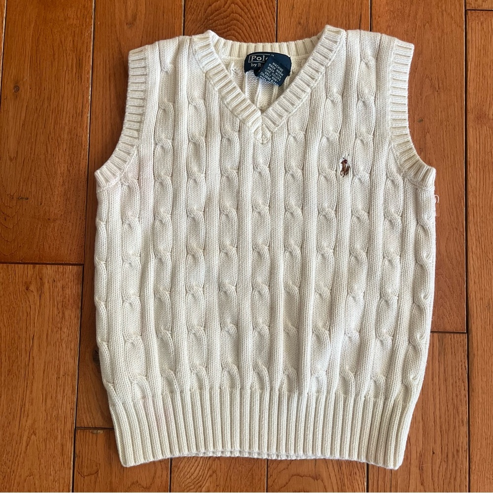 Polo by Ralph Lauren Boys Cream Cable Knit V-Neck Sweater Vest - Size 5 - Picture 2 of 5
